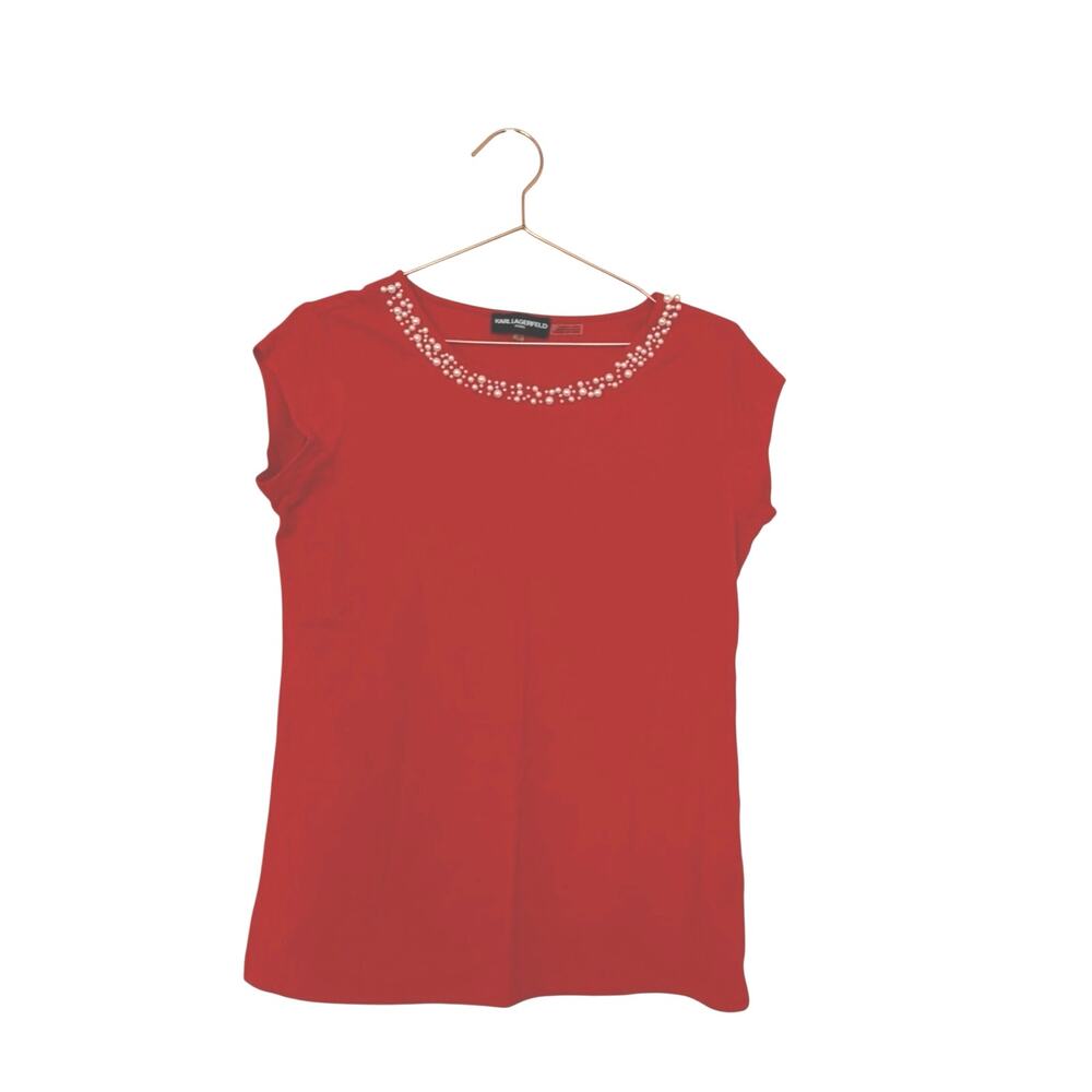 Karl Lagerfeld Red Short-Sleeve Top with Pearl Neckline